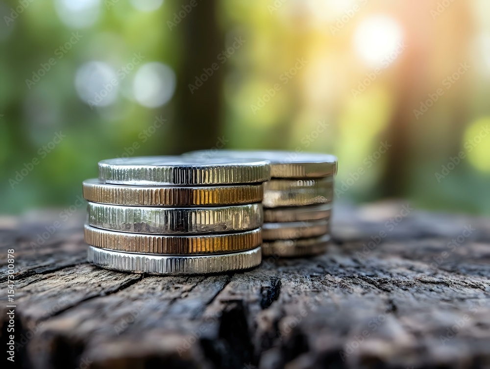 Poster stack of silver coins on rustic wooden surface with soft bokeh background and natural sunlight creat