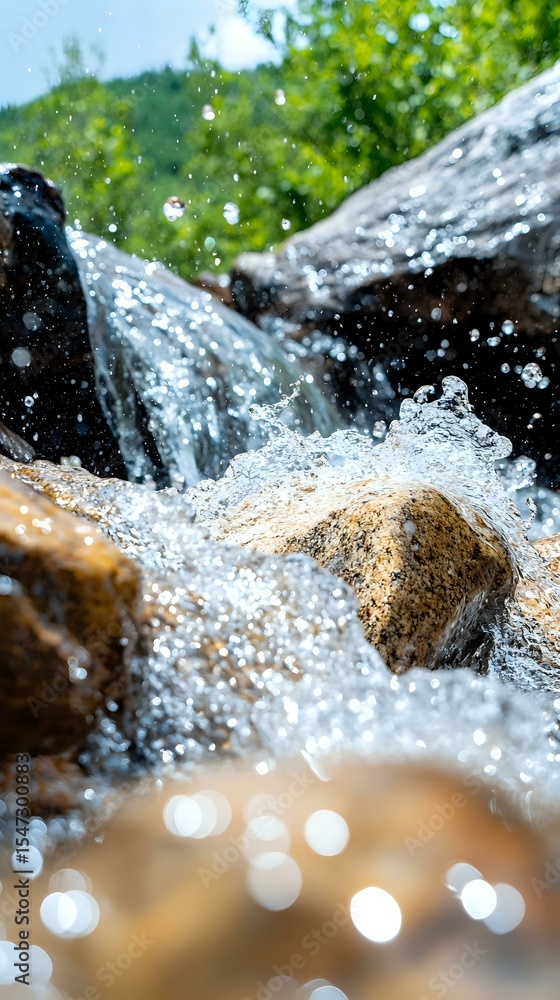 Poster rushing mountain stream with crystal clear water splashing over rocks, creating dynamic water drops 