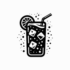 Refreshing iced beverage with orange slice and straw, depicted in a vintage-style monochrome illustration.