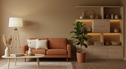 Wall Mockup in a Cozy Japandi Living Room with Terracotta Sofa and Warm Lighting