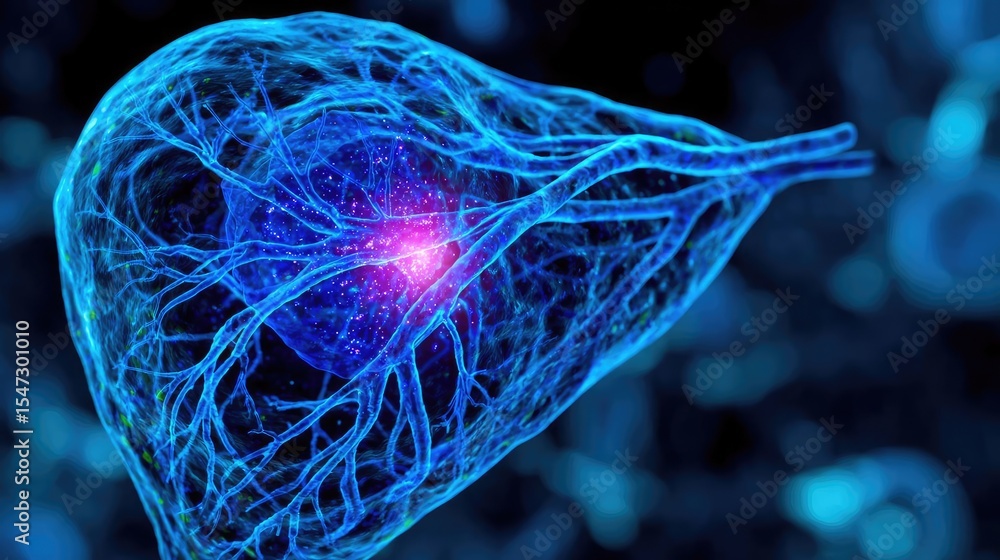 Aufkleber Gallbladder issue from blockage and infection concept. Microscopic view of a neuron with glowing connections.