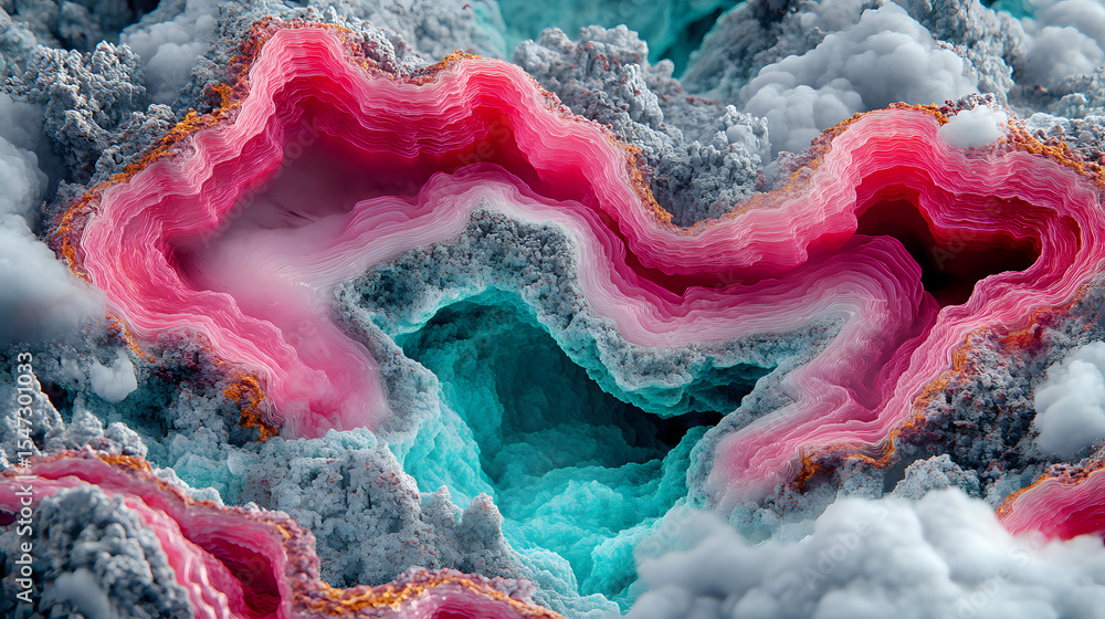 Aufkleber vibrant pink wavy lines flow through turquoise and gray cloudy abstract background creating dynamic 