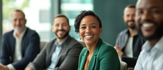 Business professionals in a modern office setting discussing project ideas and collaborating as a diverse team with smiles and positive energy.