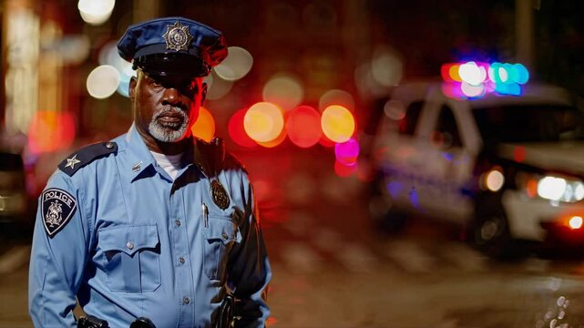 Police officer in blue uniform standing in front of flashing patrol lights at night, symbolizing bravery, public safety, law enforcement, emergency response, and urban security