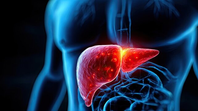 Gallbladder issue from blockage and infection concept. Anatomical illustration of human liver with glowing effects.