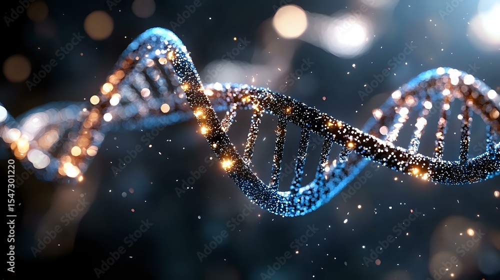 Aufkleber glowing dna strand with golden and blue illumination floating in dark space with bokeh particles and