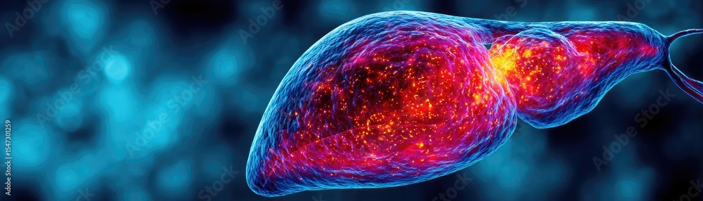 Poster Gallbladder issue from blockage and infection concept. Detailed visualization of liver cells under a microscope.