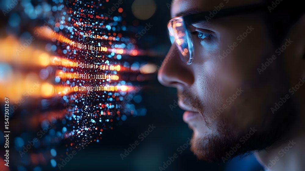 Aufkleber young male professional in profile view examining glowing data visualization with streaming digital 