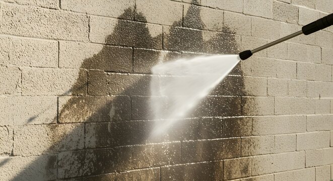 Pressure washer spraying water to clean a dirty concrete brick wall under harsh daylight revealing a clean grey surface.