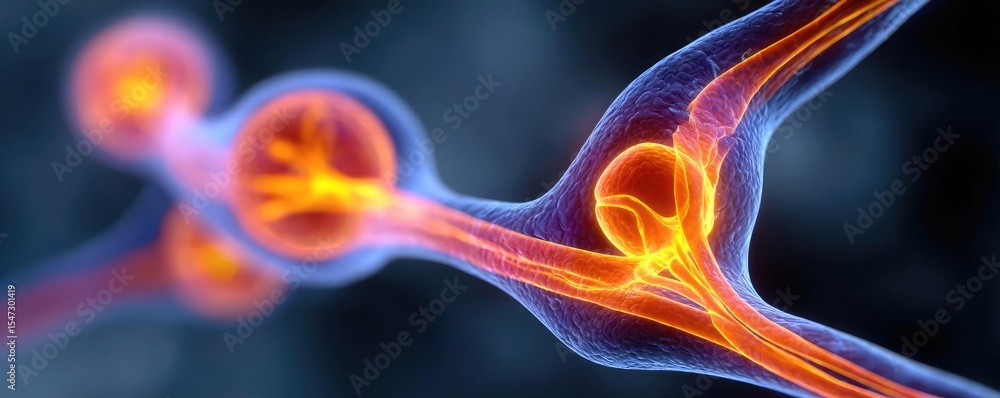 Poster Gallbladder blockage causes cramp and scan concept. Close-up of neuron connections showcasing vibrant energy patterns.