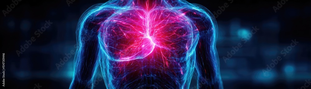 Aufkleber Gallbladder issue from blockage and infection concept. 3D illustration of a heart with vibrant glowing effects.