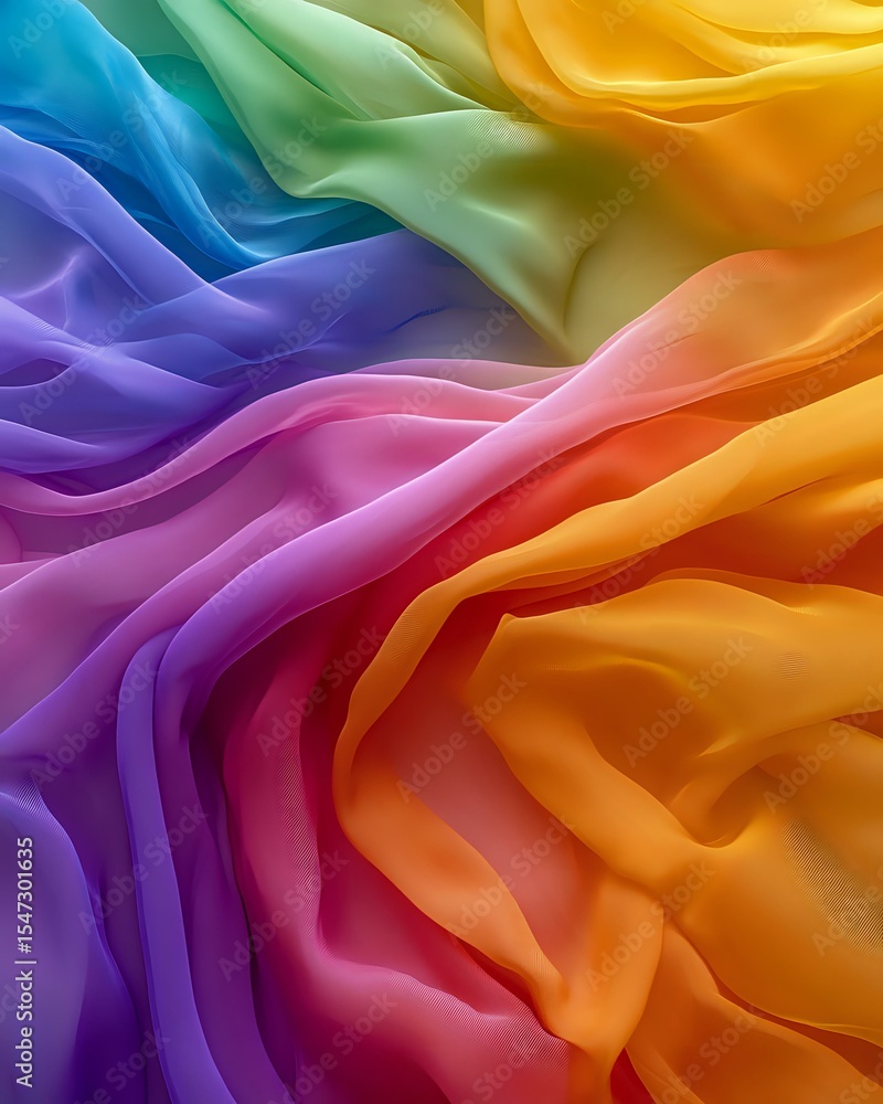 Poster vibrant rainbow colored silk fabric with soft flowing waves and folds creating an abstract pattern o