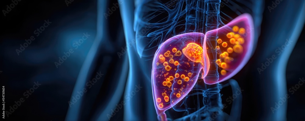 Poster Gallbladder issue from blockage and infection concept. Illustration of a human liver with cellular details and structures.