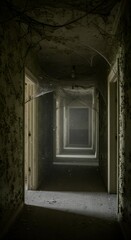 Fototapeta premium Corridor within an abandoned house features peeling wallpaper and thick cobwebs that hang from the dark and dusty ceiling.