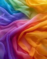 Obraz premium Vibrant rainbow colored silk fabric with soft flowing waves and folds creating an abstract pattern of purple, pink, orange, yellow, green and blue hues for luxury design backgrounds.