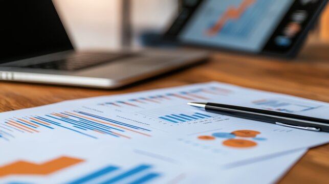 Business team analyzing financial reports and data with laptop and pen on wooden desk, office workspace productivity and teamwork concept.