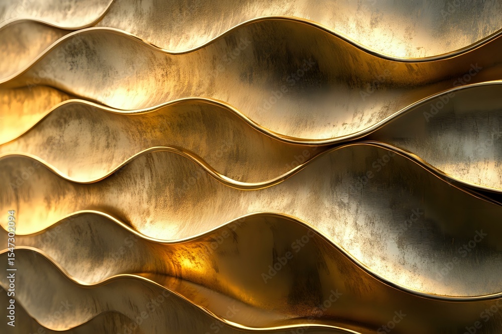 Poster abstract wavy golden metallic surface with dramatic light and shadow creating dynamic ripple pattern