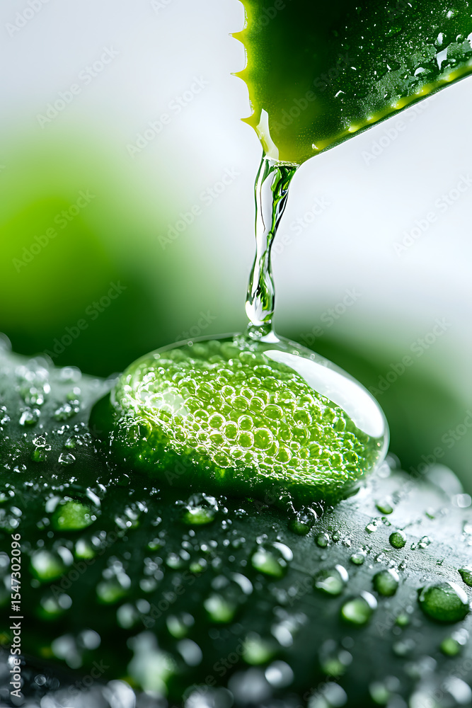 Poster water droplet falling onto green leaf surface with dewdrops creating natural abstract pattern in mac