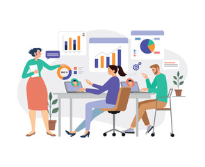 Group business team meeting and working together in a modern office. Collaboration, communication, and project analysis in workplace environment. Vector illustration.