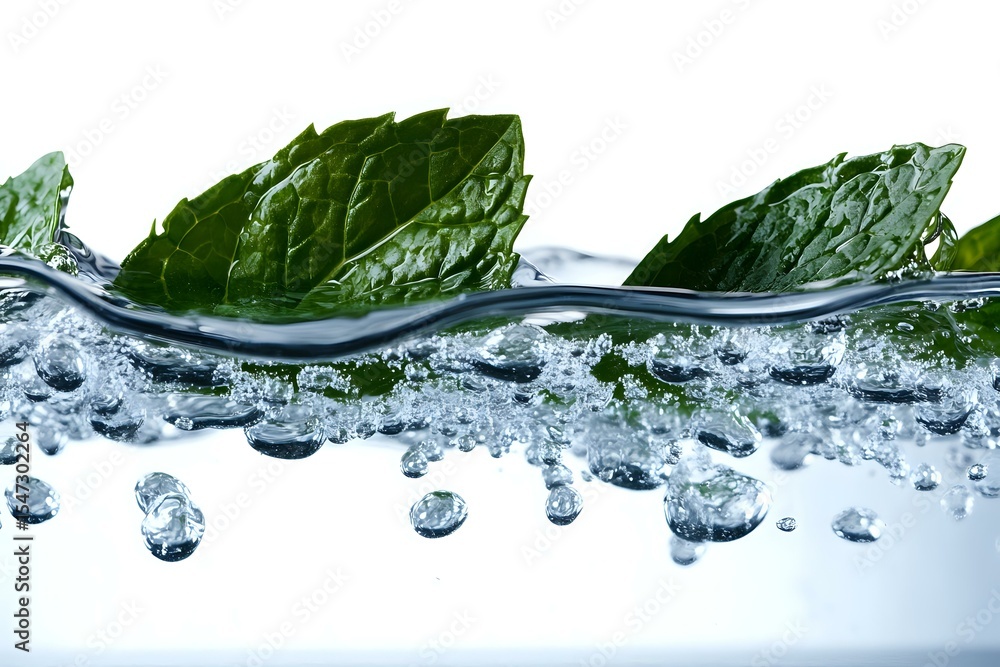 Poster fresh mint leaves floating on crystal clear water surface with rising bubbles, dynamic splash effect