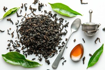 Black tea leaves, green tea leaves, spoon, and tea strainer on a white surface.