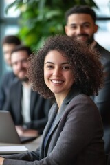 Business team meeting in modern office with diverse professionals collaborating on projects and laptops, smiling woman leader in front of group, teamwork concept.