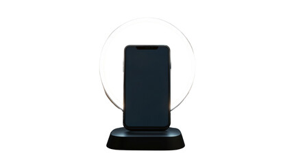 Smartphone in ring light holder on white background

