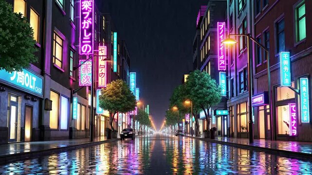 Rainy neon-lit anime-style Japanese city street at night, inspired by cyberpunk and lofi aesthetic, featuring glowing shop signs, wet pavement, and a calm, futuristic urban vibe