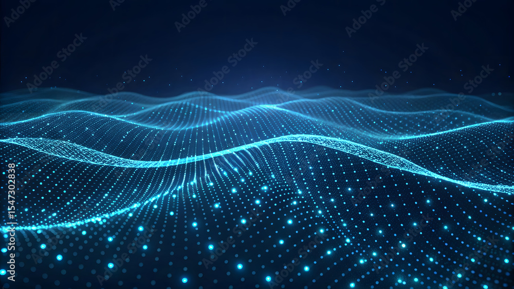 Poster abstract digital landscape of interconnected nodes forming a wavy surface with a deep blue backgroun