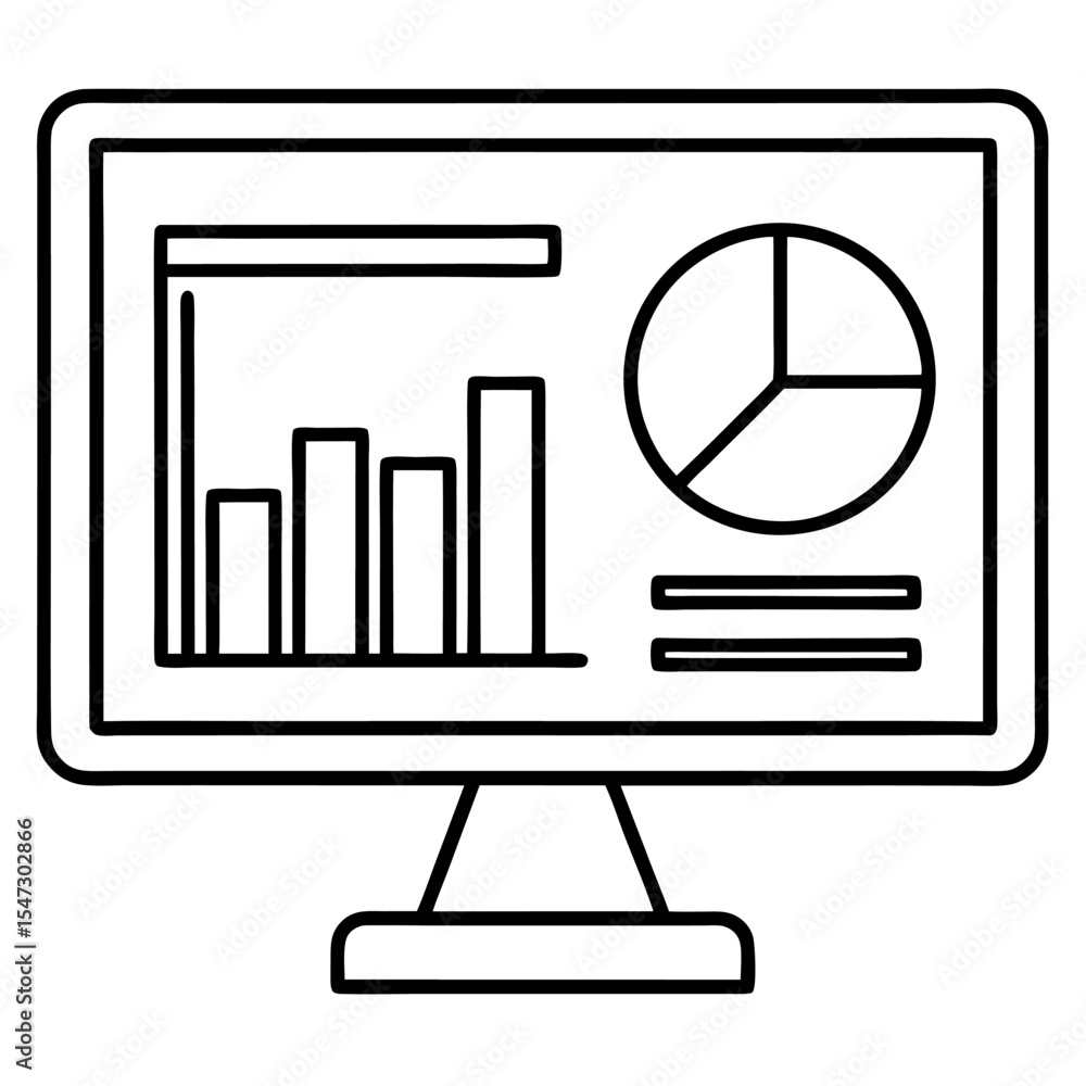 Fototapete Flat outline computer monitor displaying a dashboard interface with data visualization elements