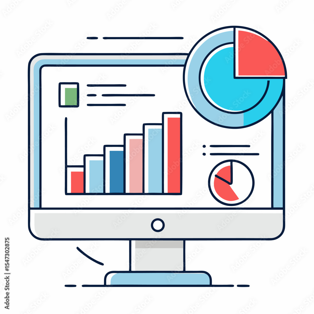 Poster flat outline illustration of a computer monitor with a dashboard interface