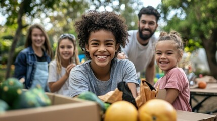 Smiling children and adult volunteer at local organic fruit and vegetable market