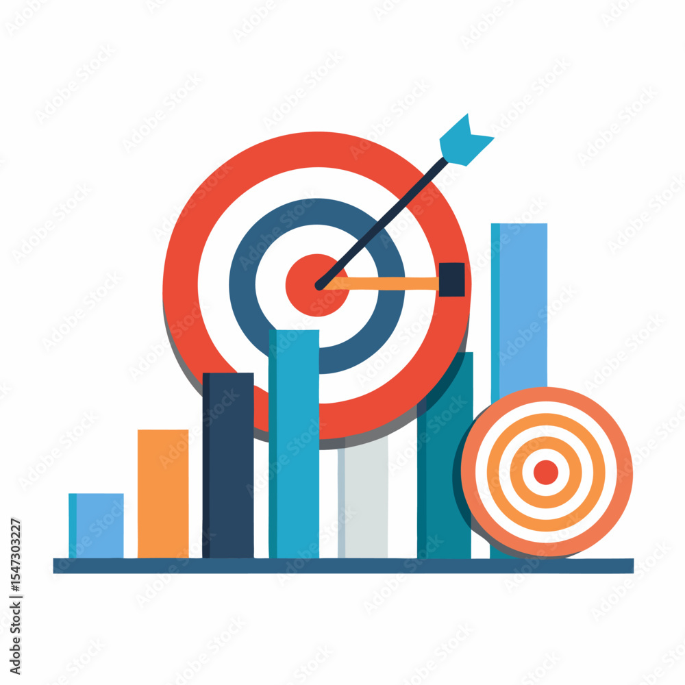 Poster modern bar chart visualizing 15 key performance indicators with a bullseye target element