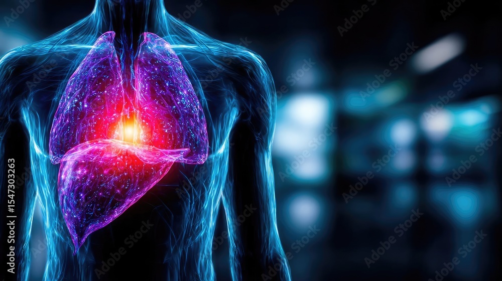Poster Gallbladder issue from blockage and infection concept. Abstract representation of human lungs highlighted with energy.