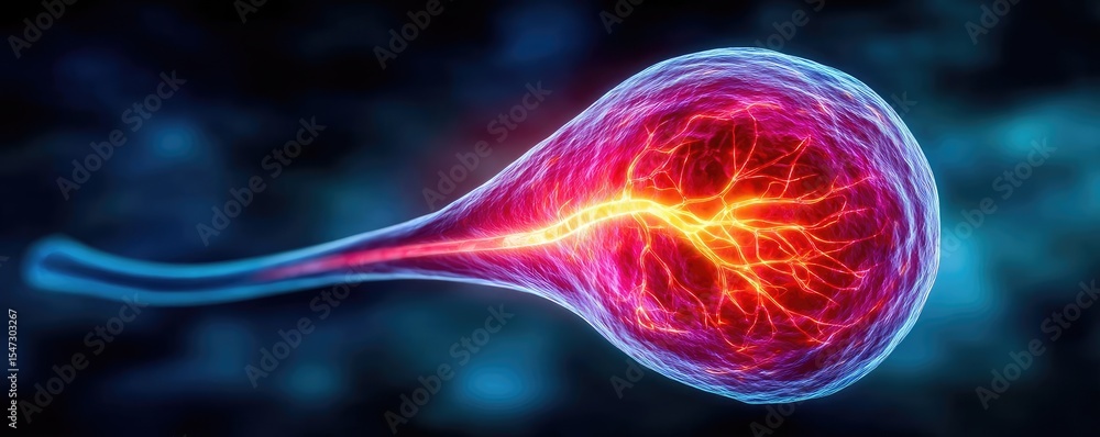 Poster Gallbladder blockage causes cramp and scan concept. A vibrant depiction of a glowing cell with electric energy.