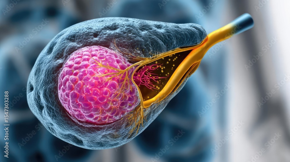 Aufkleber Gallbladder issue from blockage and infection concept. An intricate illustration of a cell highlighting its nucleus.