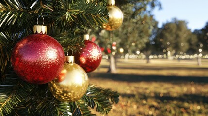 Fototapeta premium Christmas ornaments on a tree branch outdoors.