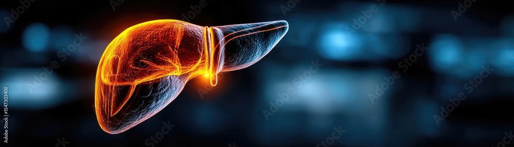 Poster Gallbladder blockage causes cramp and scan concept. An artistic representation of a liver glowing in vibrant colors.