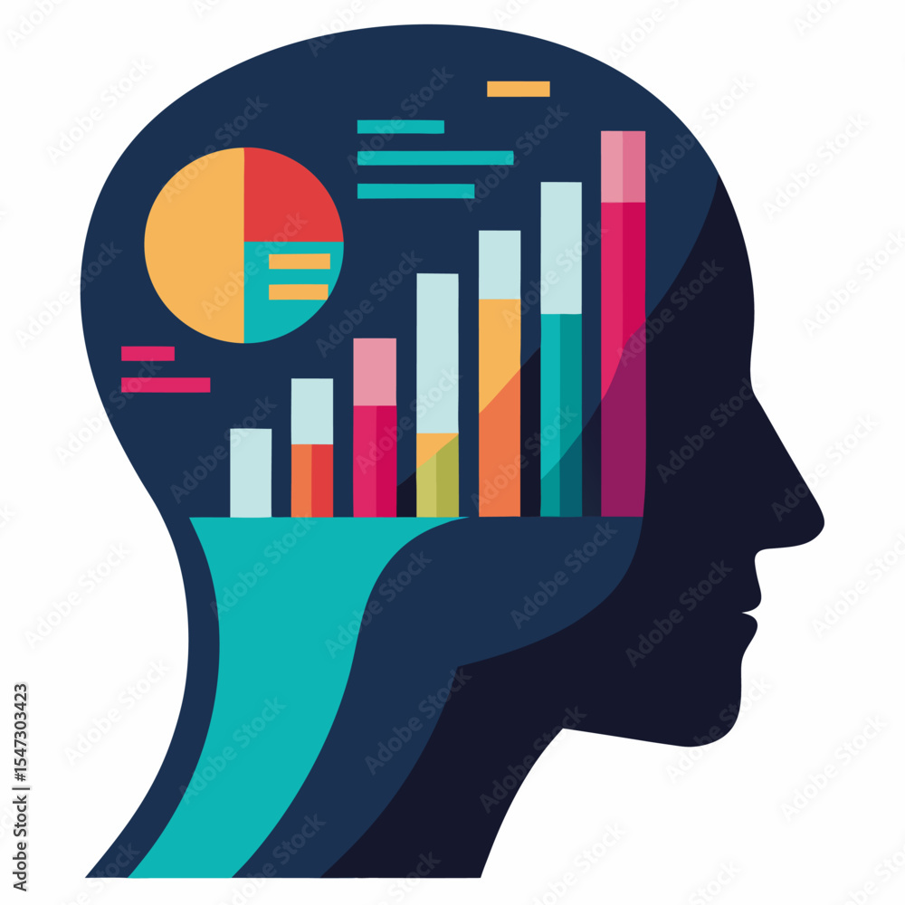 Poster side profile silhouette of a head with integrated data charts and graphs