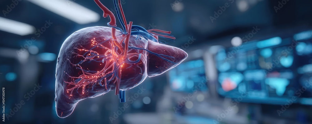 Poster Gallbladder blockage causes cramp and scan concept. Detailed 3D visualization of a human organ in digital environment.