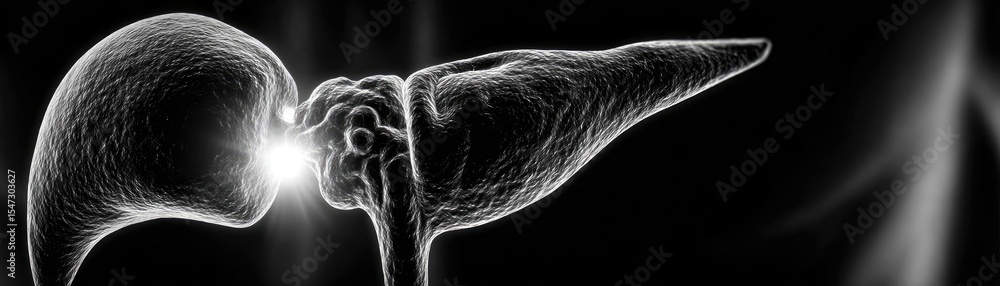 Poster gallbladder blockage causes cramp and scan concept. an artistic representation of a human liver anat