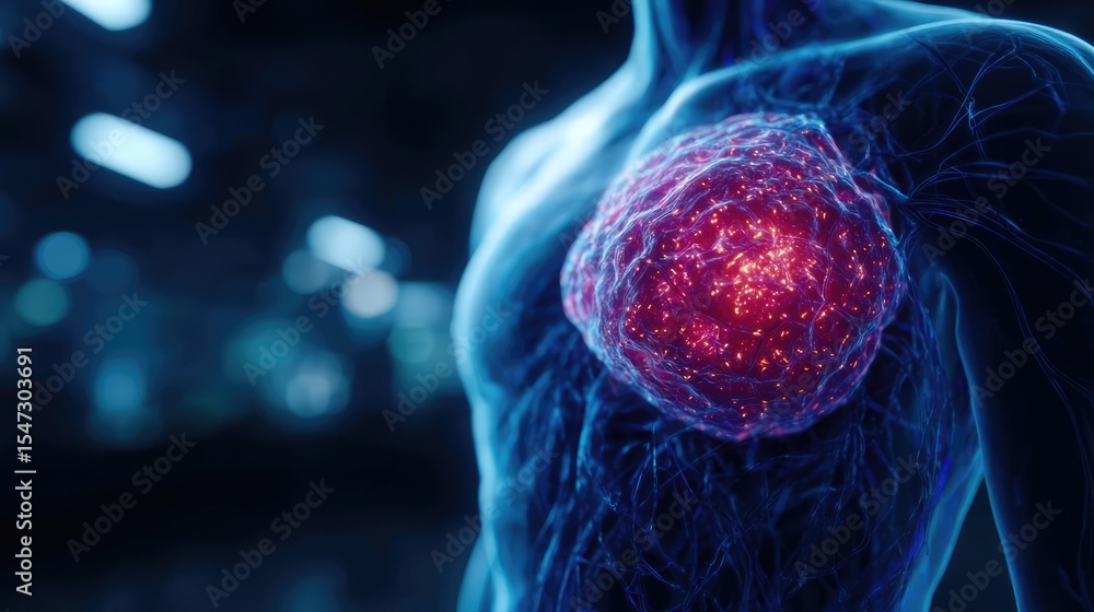 Poster Gallbladder blockage causes cramp and scan concept. Abstract representation of human anatomy and glowing cells.