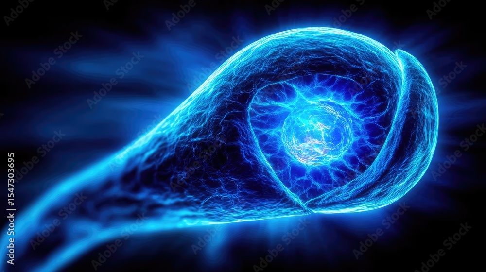 Poster gallbladder blockage causes cramp and scan concept. a vibrant blue illustration of atomic energy in 
