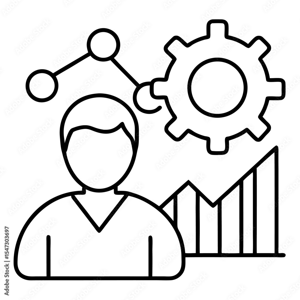 Poster outline icon representing a data scientist with analytical tools and charts