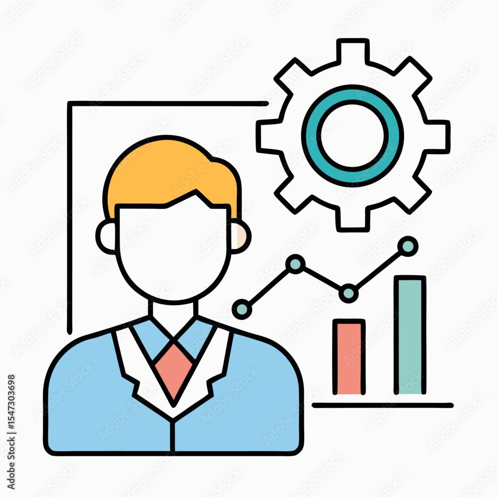 Poster clean outline icon representing a data scientist with analytical tools and concepts