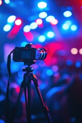 Camera on tripod in vibrant nightclub with colorful lights capturing memorable moments of live music and entertainment for photography enthusiasts and events.