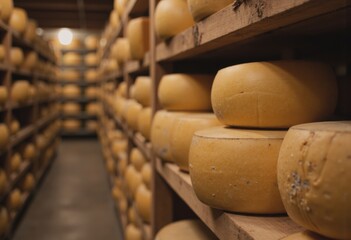 Raw cheese wheels aging on wooden shelves in a rustic room