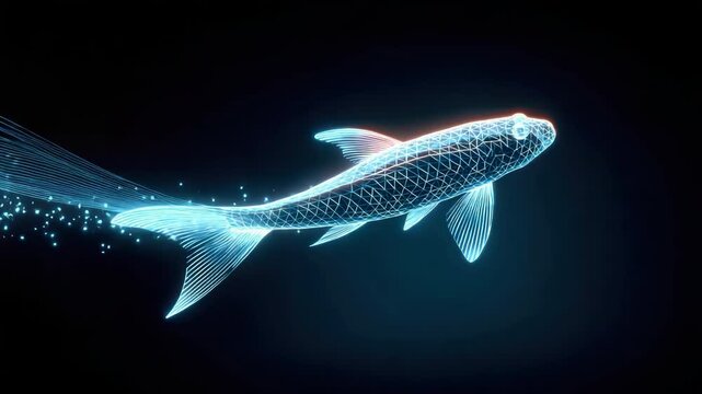Futuristic glowing fish with digital wireframe design, blue neon light, and abstract technology background, symbolizing innovation and aquatic life modern style, featuring dynamic aquatic animal