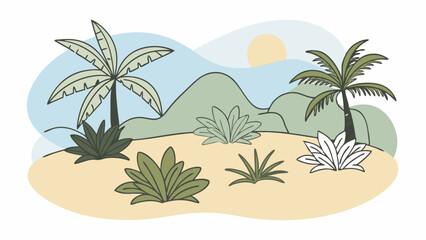 Obraz premium Serene Tropical Island Beach Landscape. Palm Trees. Sandy Shores. and Exotic Plants