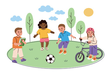 Flat cartoon vector illustration of kids playing outdoors in park. Children riding bikes, boy and girl playing football outside. Urban playground scene for education, healthy activity themes